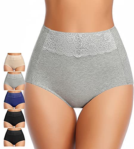 Women's High Waisted Cotton Underwear Soft Breathable Full Coverage Stretch Briefs Ladies Panties 5-Pack