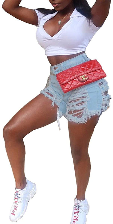 Women's Sexy Ripped Hole Summer Frayed Hem Casual High Waist Skinny Denim Shorts
