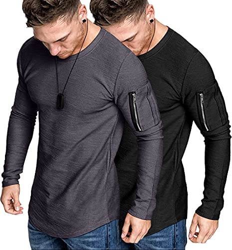 Men's 2 Pack Muscle Fitted Long Sleeve T Shirts Workout Athletic Tee Tops