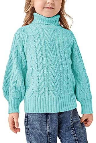 Girls Sweater Turtle Neck Puff Sleeve Chunky Cable Knit Kids Pullover Jumper Top