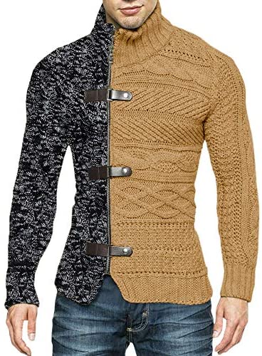 Karlywindow Mens Cable Knitted Cardigan Sweater Turtleneck Long Sleeve Slim Fit Winter Zipper Front Casual Pullover Sweaters