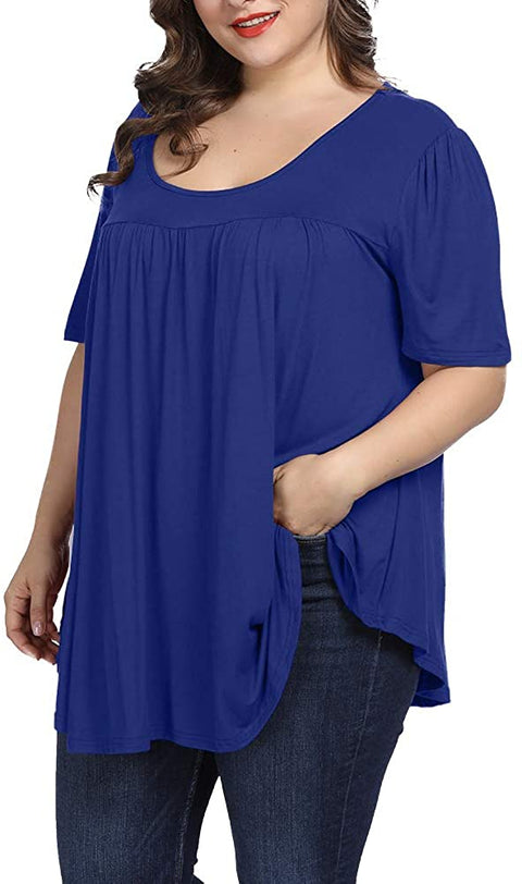 Women Plus Size Tops Summer Casual Pleated Flowy Loose Scoop Neck Shirts