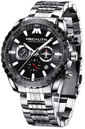 MEGALITH Mens Watches Chronograph Waterproof Watch Stainless Steel Watch Men Sports Military Watch Analog Quartz Date Calendar Luminous Watches for Man Business Gents Multifunctional Wrist Watch