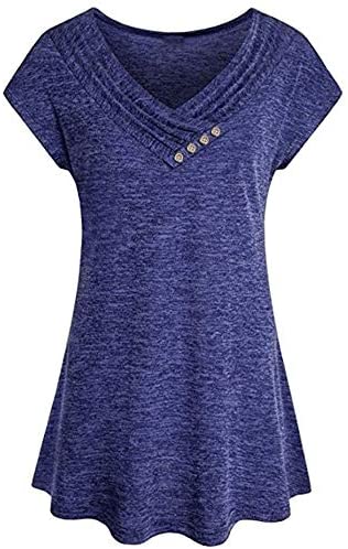 Women's Pullover Solid Short Bat Sleeve Blouses V Neck Big Swing Plain Shirts