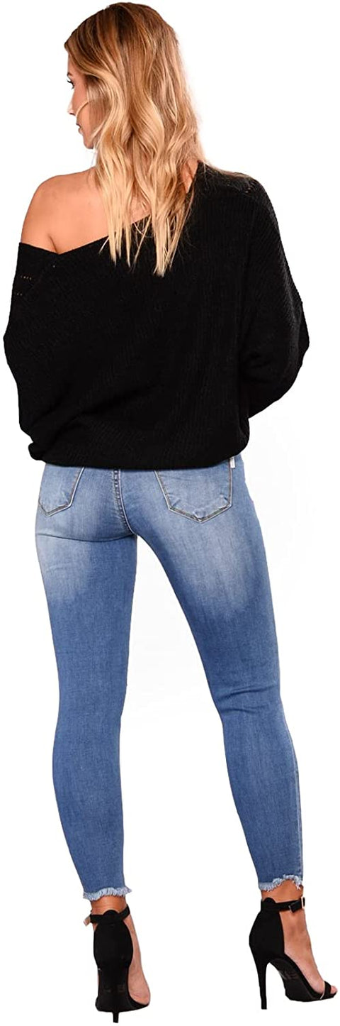 elselect Women's Fashion Ripped Jeans Mid Waist Skinny Jeans Stretch Destroyed Jeans for Women with Pockets