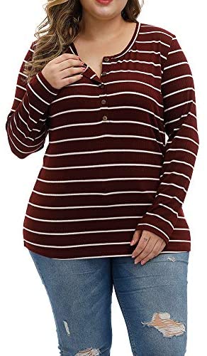 Women Plus Size Tops Long Sleeve Knitwear Stripe Clothing Casual Polo Shirts Button Up Blouse