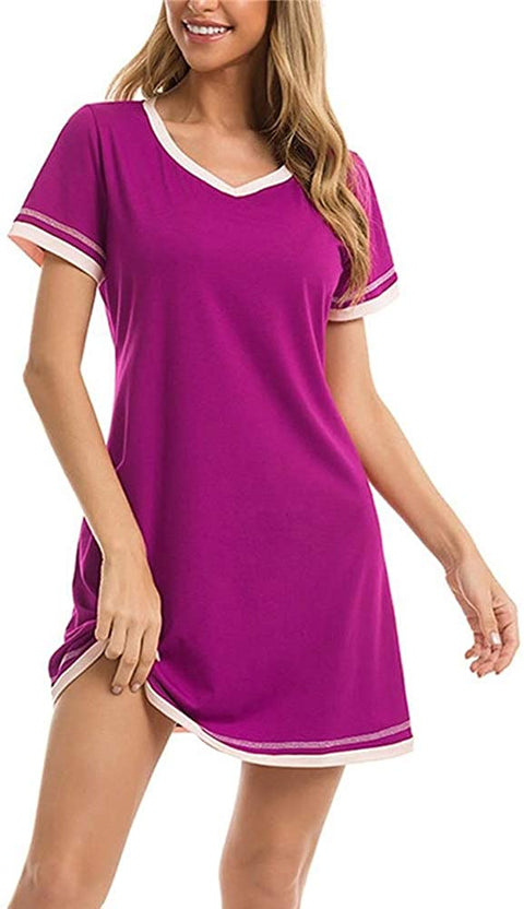 Aoysky Women's Long Nightgown Short Sleeve Nightwear V Neck Soft Sleep Dress Sleepwear