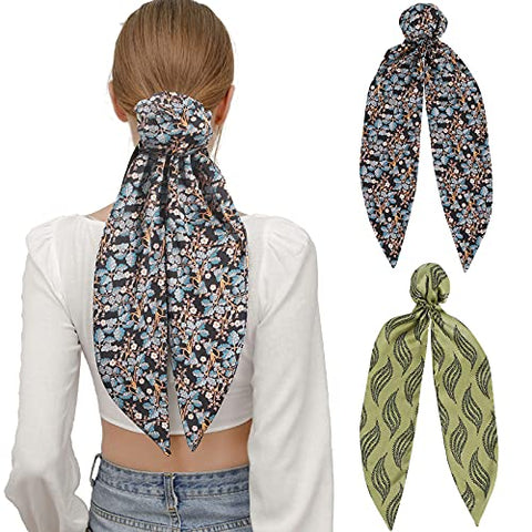 Women Silk Hair Bun Covers - 2Pcs Printed Silk Hair Scarves Elastic Hair Bun Cover Ballet Hair Snood for Women Girls Bun Cover with Riband