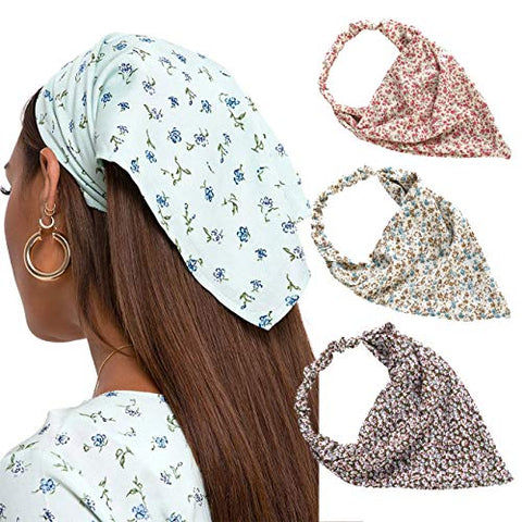 Floral Elastic Hair Scarf Headband - 3 PCS Chiffon Head Kerchief Headband Print Floral Hair Scarves with Hair Clips Kerchief Head Scarf Hair Bandanas for Women (White/Beige/Purple)