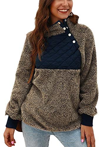 Women's Color Block Turtleneck Long Sleeve Sweatshirts Fuzzy Sweatshirts