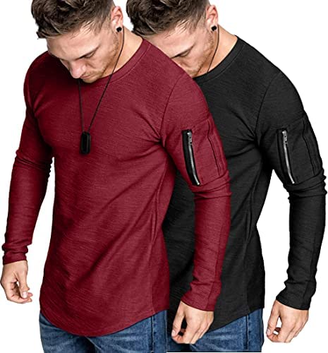 Men's 2 Pack Muscle Fitted Long Sleeve T Shirts Workout Athletic Tee Tops