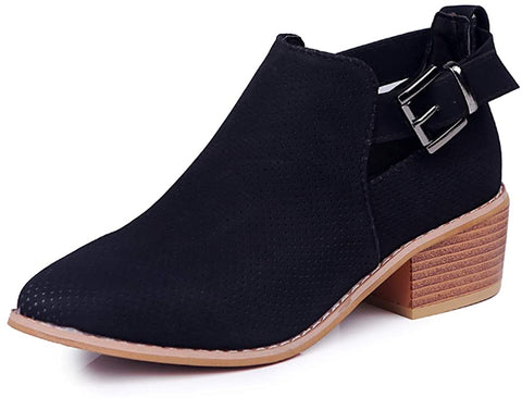 QZHIHE Womens Ankle Boots Cutout Side Strap Block Chunky Heel Work Boots