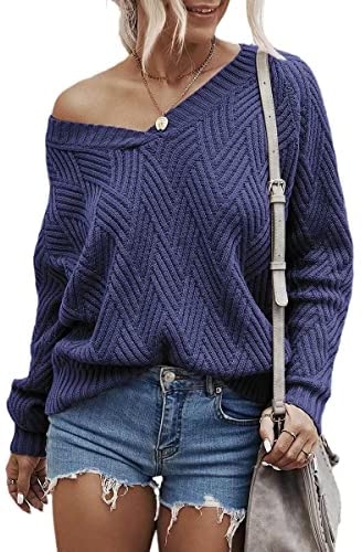 Womens Fashion Sweaters Sexy V Neck Long Sleeve Oversized Cable Knit Pullovers Casual Tunic Tops