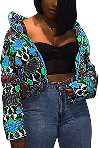 Women's Fashion Snakeskin Printed Jacket Casual Shiny Cotton Padded Outwear Coat