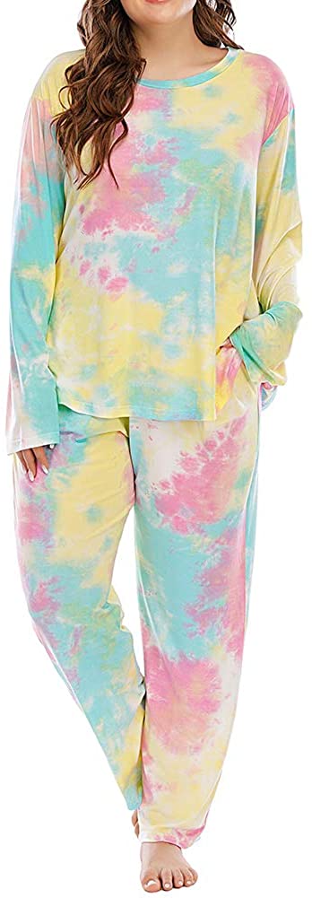Plus Size Pajama Set Pants Women Tie Dye Long Sleeve Shirts Nightwear Sleep & Lounge Pjs