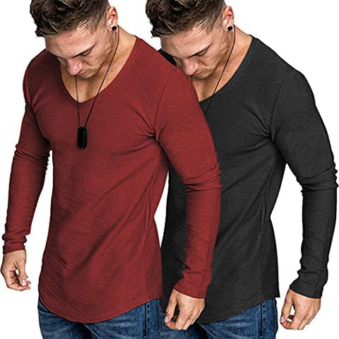 Men 2 Pack Muscle V Neck T Shirt Gym Athletic Fit Long Sleeves Tee Top