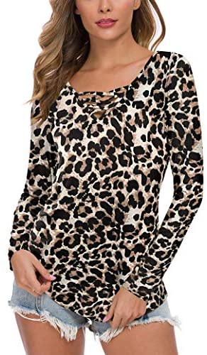 WNEEDU Women's Casual Long Sleeve T-Shirt Criss Cross V-Neck Basic Tees Tops