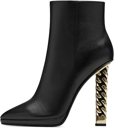 FSJ Women Fashion Gold Metal Chain Chunky High Heel Ankle Boots Pointed Toe Winter Booties Side Zipper Comfy Dress Short Boots 4-15 M US