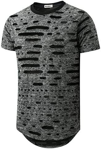 KLIEGOU Mens Hipster Hip Hop Ripped Round Hemline Hole T Shirt (05-3)