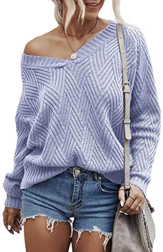Womens Fashion Sweaters Sexy V Neck Long Sleeve Oversized Cable Knit Pullovers Casual Tunic Tops