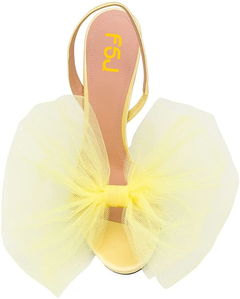 FSJ Women Fashion Large Floral Mesh Bow Open Toe Stylish Mid Heels Stiletto Pumps Elastic Slingback Sandals Slip on Shoes Wedding Dress Comfy Shoes Size 4-15 US