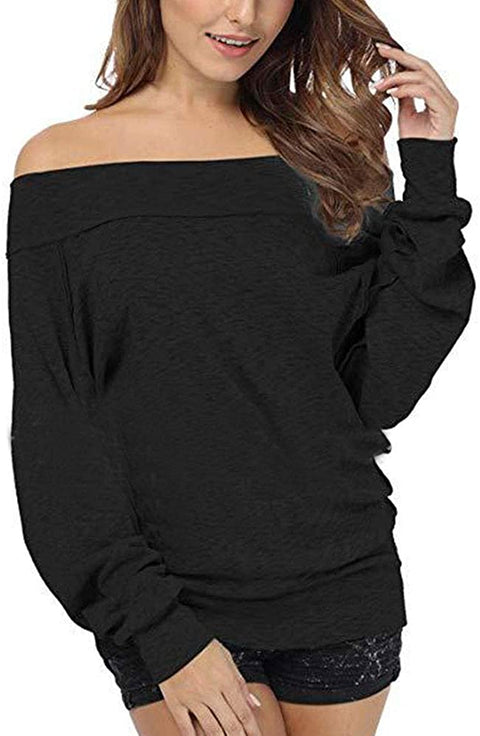 Women's Solid Off Shoulder Bat Sleeve Sweatshirt Plain Fashion Casual Shirt