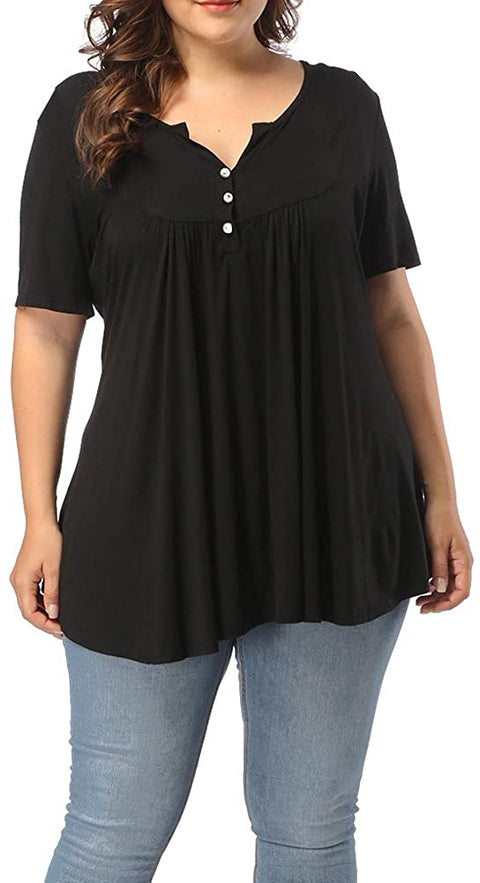 Women's Plus Size Henley V Neck Button Up Tunic Tops Casual Short Sleeve Ruffle Blouse Shirts