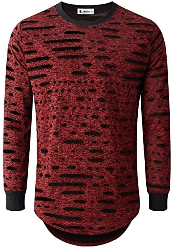 KLIEGOU Mens Hipster Hip Hop Ripped Round Hemline Hole T Shirt (05-3)