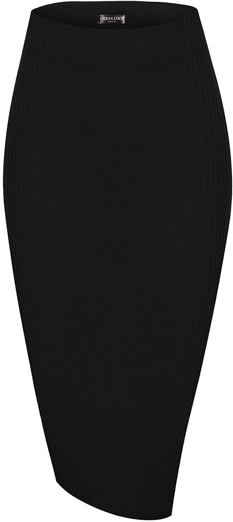 Elastic High Waist Knee Length Pencil Skirt Ribbed Knit Basic Tube Midi Skirt
