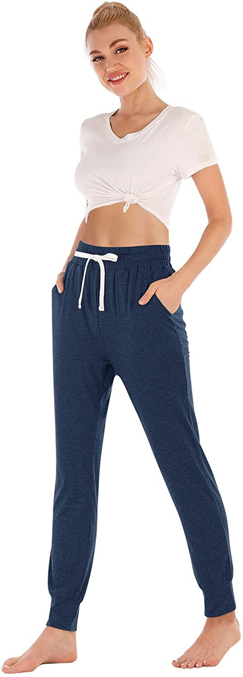 Yoga Pants with Pockets for Women Drawstring High Waisted Pants Loose Workout Joggers Pants Navy Blue Medium