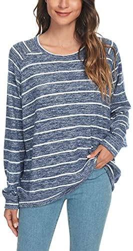 Women's Loose Casual Blouses Long Sleeve Knitted Striped Tunic Tops T-Shirts