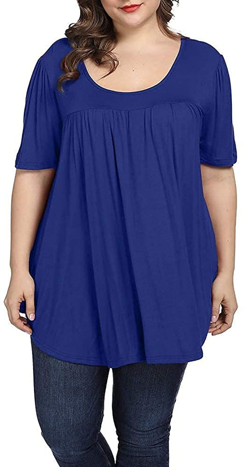 Women Plus Size Tops Summer Casual Pleated Flowy Loose Scoop Neck Shirts