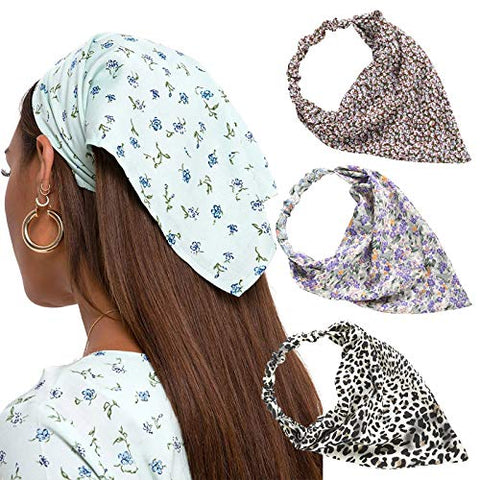 Floral Elastic Hair Scarf Headband - 3 PCS Chiffon Head Kerchief Headband Print Floral Hair Scarves with Hair Clips Kerchief Head Scarf Hair Bandanas for Women (White/Beige/Purple)