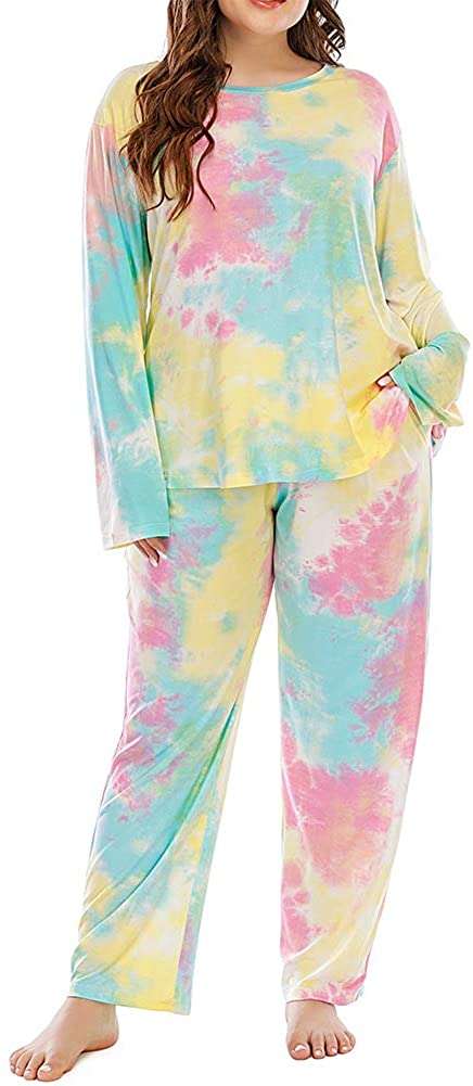 Plus Size Pajama Set Pants Women Tie Dye Long Sleeve Shirts Nightwear Sleep & Lounge Pjs