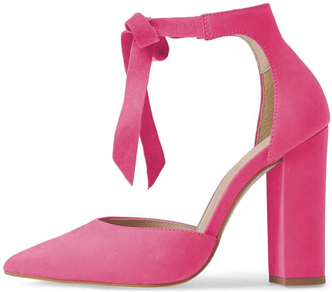 FSJ Women Faux Suede Chunky Block Heel Pump D'Orsay Pointed Toe Ankle Strap Lace Up Sandals Size 4-15 US