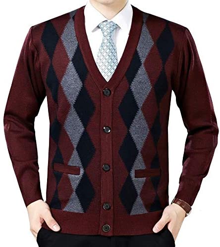 Men's Argyle V-Neck Cardigan Sweaters Casual Button Down Long Sleeve Sweater