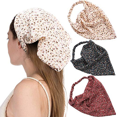 Floral Elastic Hair Scarf Headband - 3 PCS Chiffon Head Kerchief Headband Print Floral Hair Scarves with Hair Clips Kerchief Head Scarf Hair Bandanas for Women (White/Beige/Purple)