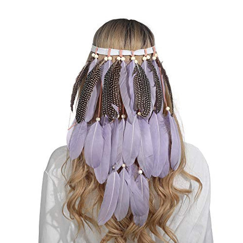 Bohemian Feather Headband Boho Headdress - Hippie Indian Feather Hairband Festival Hair Band Carnival Headwear for Women Native American Headpiece (Purple+Speckled feather)