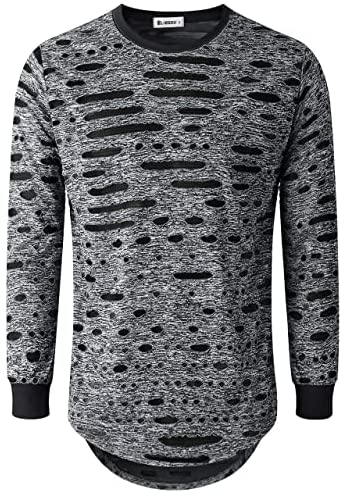 KLIEGOU Mens Hipster Hip Hop Ripped Round Hemline Hole T Shirt (05-3)