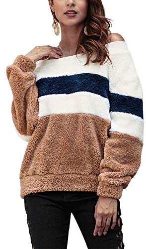 Women's Loose Fit Sweatshirt Striped Long Sleeve Color Block Fuzzy Sweaters