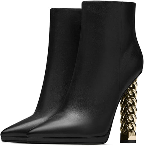 FSJ Women Fashion Gold Metal Chain Chunky High Heel Ankle Boots Pointed Toe Winter Booties Side Zipper Comfy Dress Short Boots 4-15 M US
