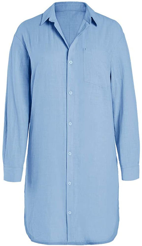 Karlywindow Womens Button Down Tunic Shirts Cotton Linen Long Sleeve Work Blouse Loose Casual Beach Cover Up Shirt