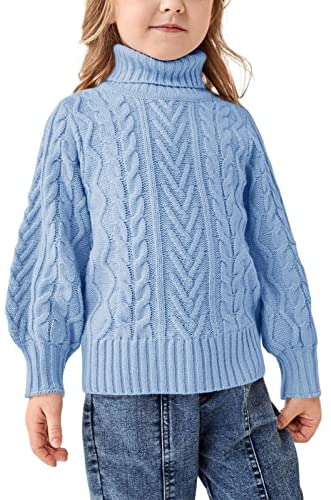Girls Sweater Turtle Neck Puff Sleeve Chunky Cable Knit Kids Pullover Jumper Top