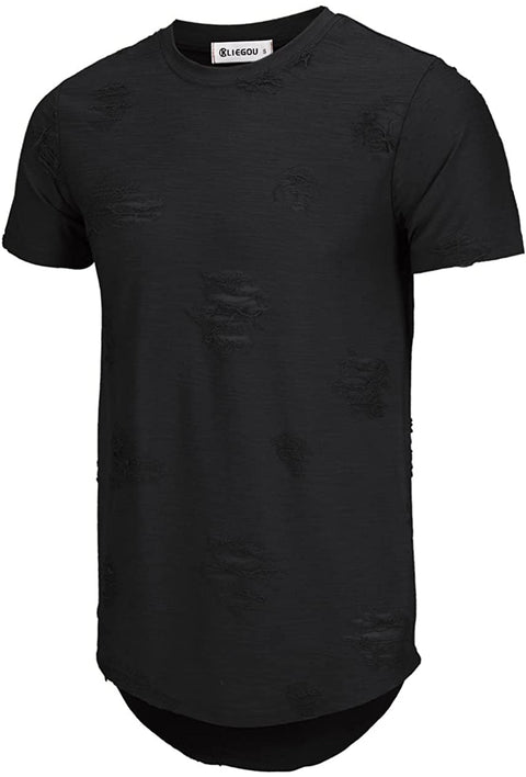 KLIEGOU Mens Hipster Hip Hop Ripped Round Hemline Hole T Shirt(1705)
