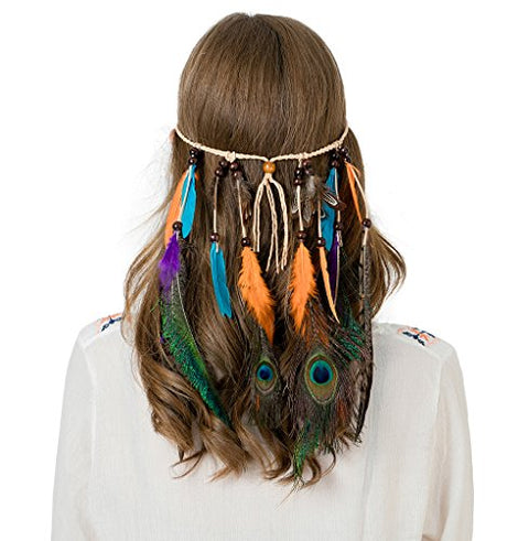 AWAYTR Boho Fancy Feather Headband - Women Hippie Hairband Festival Headwear Hair Hoop