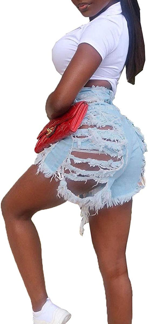 Women's Sexy Ripped Hole Summer Frayed Hem Casual High Waist Skinny Denim Shorts