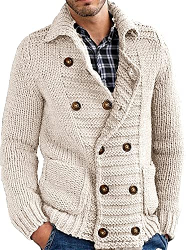 Mens Cable Knit Cardigan Sweater Stand Collar Button Down Loose Fit Long Sleeve Warm Casual Cardigans with Pockets