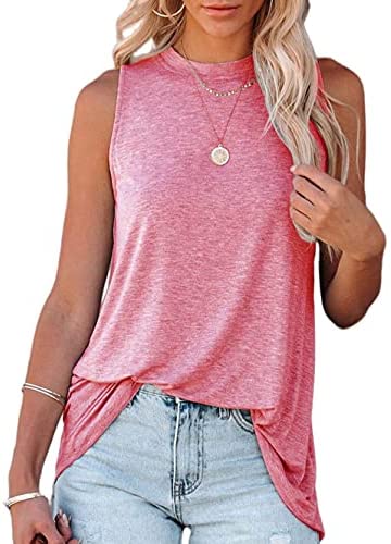 Women Sleeveless Knit Tank Top Casual High Neckline Vest Tunic with Back Zipper