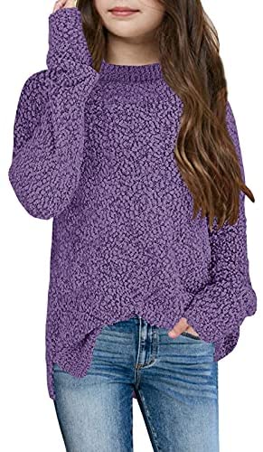 GAMISOTE Girl's Fuzzy Warm Sweater Crew Neck Chunky Side Slit Jumper Pullover Outwear