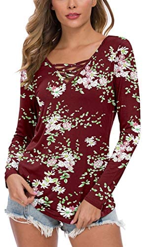 WNEEDU Women's Casual Long Sleeve T-Shirt Criss Cross V-Neck Basic Tees Tops